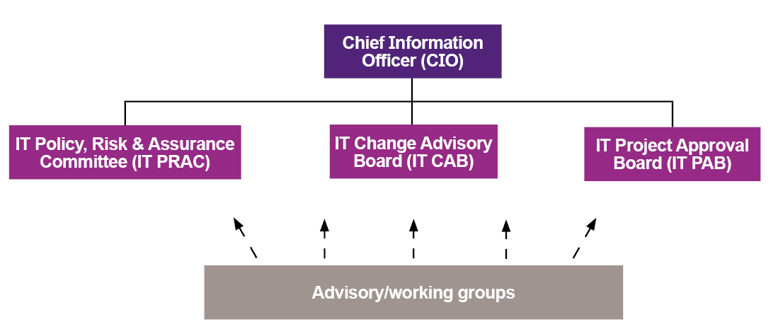 diagram showing three committees connecting to the CIO - IT PAB, IT CAB and IT PRAC