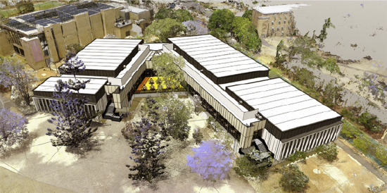 Concept drawing of the ModWest teaching facility from a bird's eye view, showing a large v-shaped building