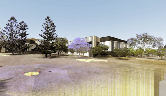Concept drawing of the ModWest teaching facility surrounded by a grass field and jacarandas