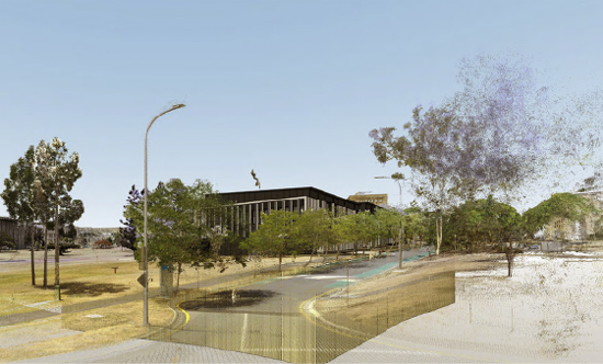 Concept drawing of the ModWest teaching facility showing large glass windows as seen from the road