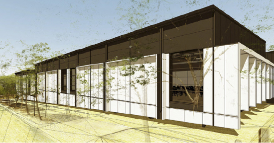 Concept drawing of the side of the ModWest teaching facility, showing large glass windows and white walls