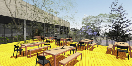 Concept drawing of a balcony and outdoor seating in the ModWest teaching facility
